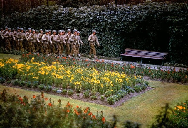 Ngày 6/6/1944, quân đồng minh đổ bộ lên bờ biển Normandy (Pháp), bắt đầu cuộc tấn công vào Tây Âu, đẩy lùi lực lượng chiếm đóng phát xít Đức. Cho tới nay, nó được đánh giá là cuộc đổ bộ lớn nhất trong lịch sử thế giới. Trong ảnh là một nhóm binh sĩ quân đồng minh hành quân qua khu vực hoa nở khắp mọi nơi để đến nơi tập kết quân, chuẩn bị cho chiến dịch "Operation Overlord".